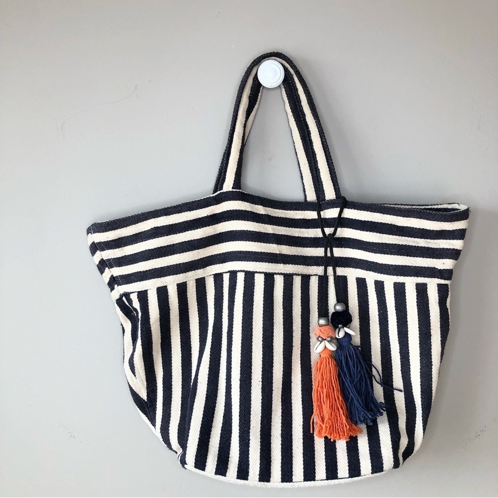JADEtribe Valerie Organic Canvas Blue white stripe tassel beach tote bag
